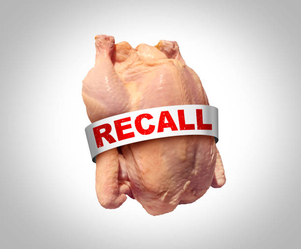 Chicken Recall Chicken recall concept as a symbol of contaminated poultry with salmonella or listeria foodborne illness outbreak causing possible food poisoning with dangerous bacteria as a public health risk with 3D illustration elements. food recall stock pictures, royalty-free photos & images
