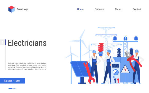 ilustrações, clipart, desenhos animados e ícones de serviço de reparo elétrico moderna landing page com manutenção de equipamentos elétricos - web page toolbox repairing internet