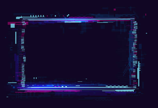 Glitch effect in rectangular frame, abstract rectangle digital technology, neon border Glitch effect frame of rectangular shape vector illustration. Abstract rectangle digital technology, neon electric border, signal destruction on tv screen in cyberpunk style on dark background tv glitch stock illustrations