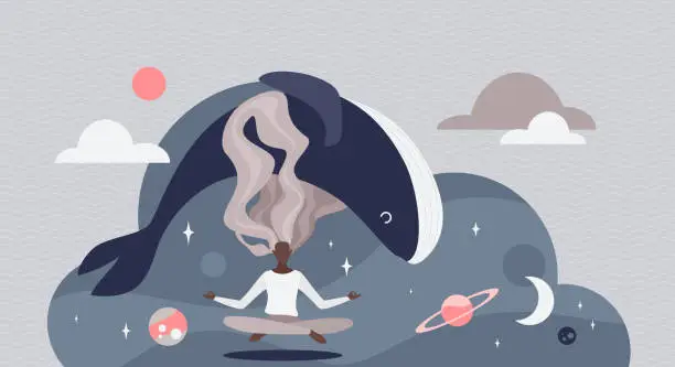 Vector illustration of Yoga meditation, concentration of girl floating in space, woman meditating in lotus pose