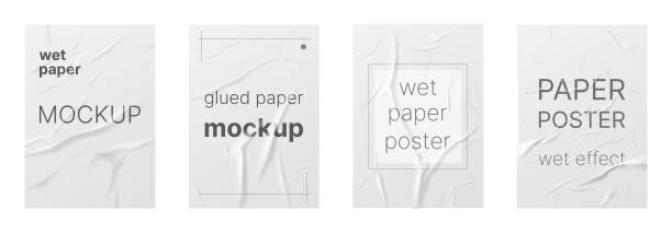 Wet paper with wrinkles, blank crumpled effect texture set, 3d realistic wrinkled sheets Wet paper with wrinkles, blank crumpled effect texture set vector illustration. 3d realistic wrinkled sheets, wet blank poster billboard mockup, bad glued paper on wall with text isolated on white crumpled white paper texture stock illustrations