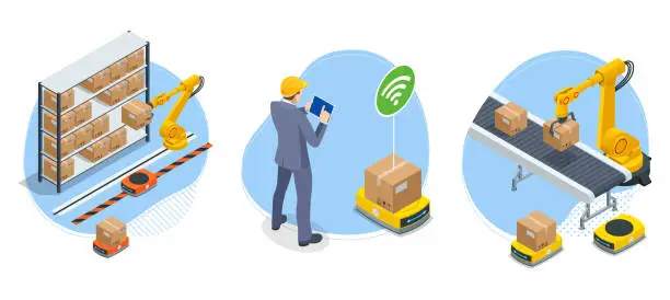 Vector illustration of Isometric yellow robotic arm carry cardboard box in warehouse. Automated warehouse. Autonomous robot transportation in warehouses