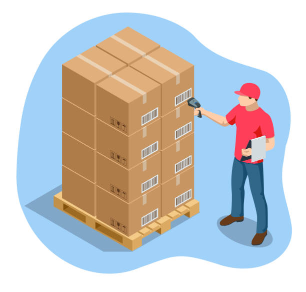 Warehouse manager or warehouse worker with bar code scanner checking goods on storage racks. Stock taking job. vector art illustration