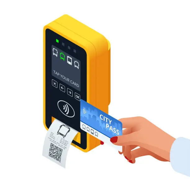Vector illustration of Isometric hand using paper smart card ticket to pay money for transportation at payment kiosk stand. E-ticket paper for traveler. Yellow validator