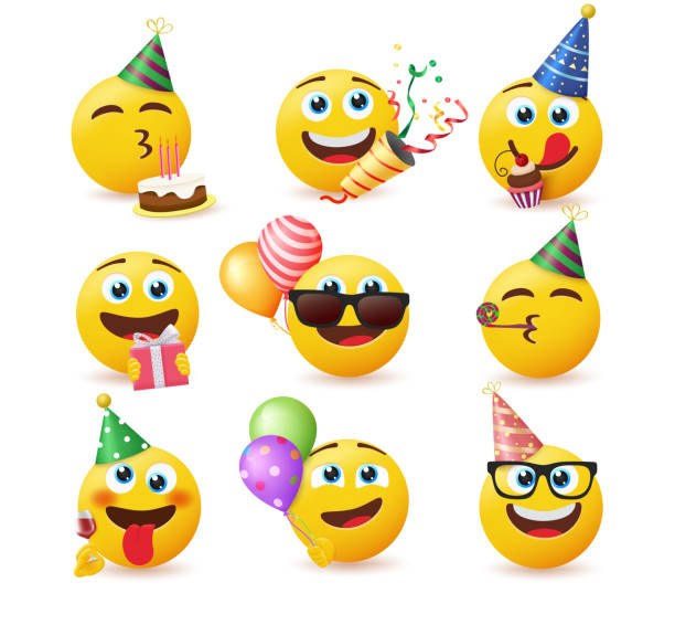 illustrations, cliparts, dessins animés et icônes de ensemble de vecteurs d’anniversaire emoji. emojis dans la fête célébrant les personnages avec des cadeaux, des gâteaux, des confettis et des éléments de célébration de chapeaux de fête pour l’émoticône du jour de la naissance dans des visage - confetti balloon white background isolated