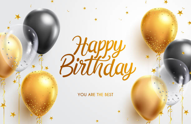 Birthday greeting vector background design. Happy birthday typography text with elegant gold black balloons and golden confetti for birth day celebration card. Birthday greeting vector background design. Happy birthday typography text with elegant gold black balloons and golden confetti for birth day celebration card. Vector illustration. birthday stock illustrations