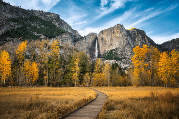 istock yosemite falls during autumn with blue clouds 1358877001
