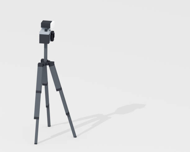 istock Digital camera, mirrorless camera with flashlight and metal steel tripod in black & white retro style 1358879787