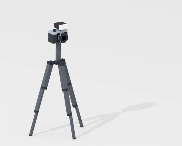 istock Digital camera, mirrorless camera with flashlight and metal steel tripod in black & white retro style 1358879788