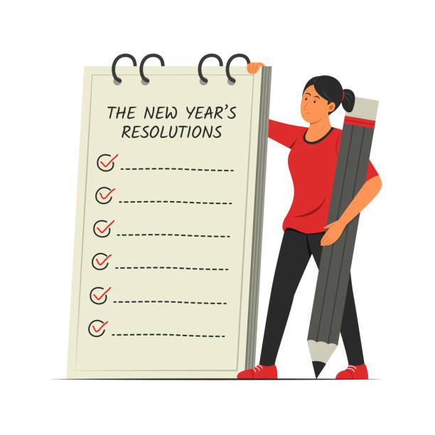 Woman Hold a New Year Resolutions List. Woman hold a big list of new year resolutions. new year resolution stock illustrations