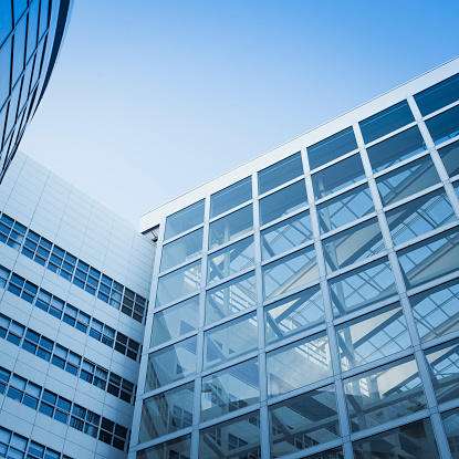 Looking up at the commercial buildings in the city