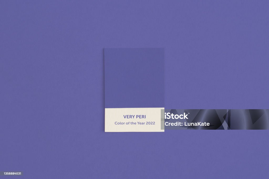 Color swatch with color of the year 2022 - Very Peri. Color trend palette. Top view, flat lay. Color Swatch Stock Photo
