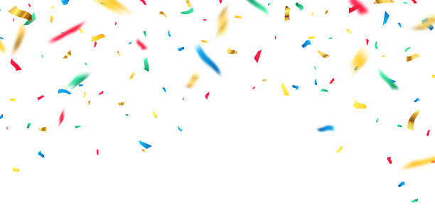 istock Celebration background template with confetti and colorful ribbons. 1358884096