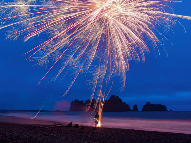 4th of July Fireworks Display, Rialto Beach, Olympic National Park, Washington State, USA stock photo