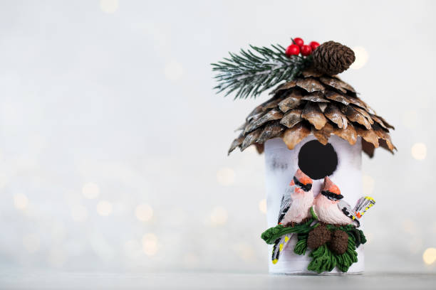 Christmas composition with a birdhouse and christmas lights.