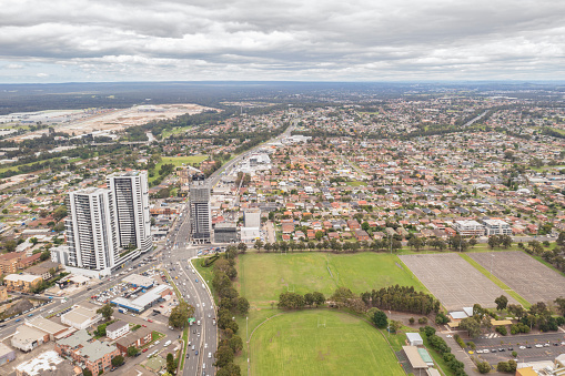 Aerial drone view of Liverpool in Greater Western Sydney, New South Wales, Australia looking down Hume Highway