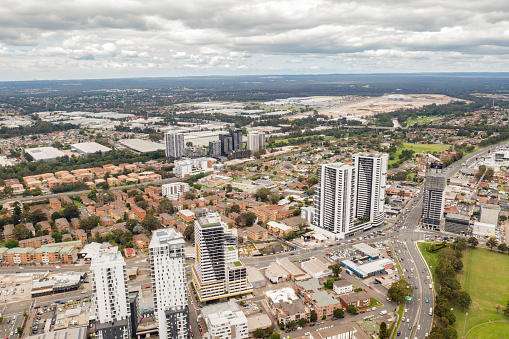 Aerial drone view of Liverpool in Greater Western Sydney, New South Wales, Australia looking toward Moorebank
