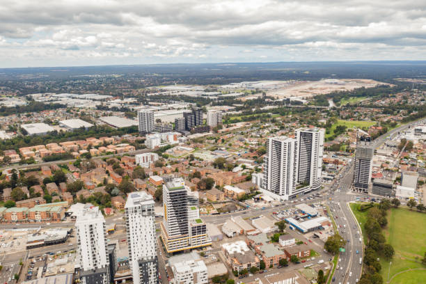 Aerial drone view of Liverpool in Greater Western Sydney stock photo