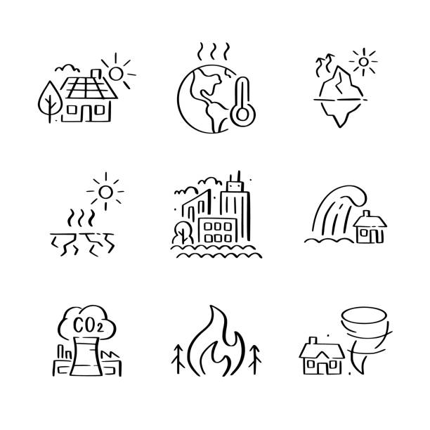 ilustraciones, imágenes clip art, dibujos animados e iconos de stock de efectos del calentamiento global y prevención. emisión de co2, incendios forestales, huracanes y sequías. iconos de estilo de garabato - hurrican