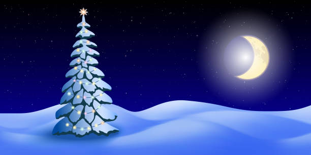 istock Christmas fir tree on background of winter landscape, night sky with moon 1358888616