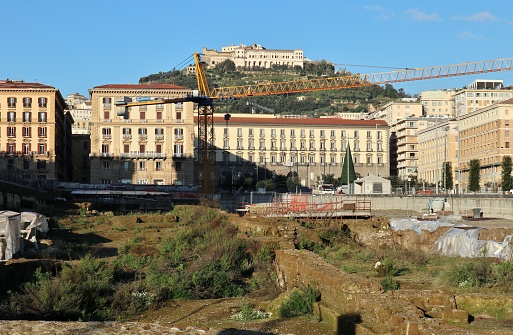 Naples, Campania, Italy - December 7, 2021: Construction site of the new metro station in Piazza Municipio