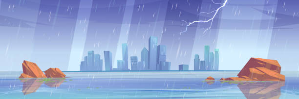 비에 스카이 라인에 도시 건물호수 - lightning house storm rain stock illustrations