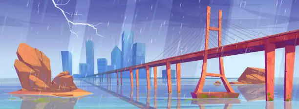 Vector illustration of City skyline with buildings and bridge in rain