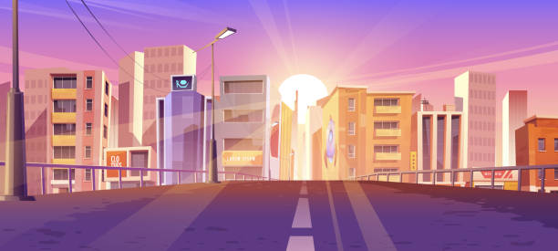 Sunrise in modern city, urban skyline with sun Sunrise in modern city, urban skyline with sun rising above skyscraper buildings, view from bridge. Morning metropolis cityscape with road and houses, town architecture, Cartoon vector illustration modern house driveway stock illustrations