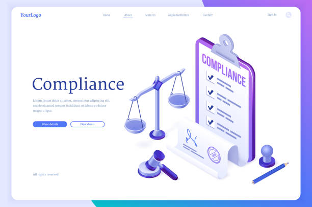 Compliance isometric landing page, business policy Compliance isometric landing page, concept of business policy documents for law legal regulation quality and procedures with document scales, gavel, seal stamp and pencil, 3d vector web banner legal ethics stock illustrations