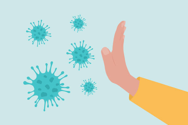 illustrations, cliparts, dessins animés et icônes de arrêtez le coronavirus. vue latérale de la main humaine faisant signe stop aux cellules du coronavirus. - virus protection