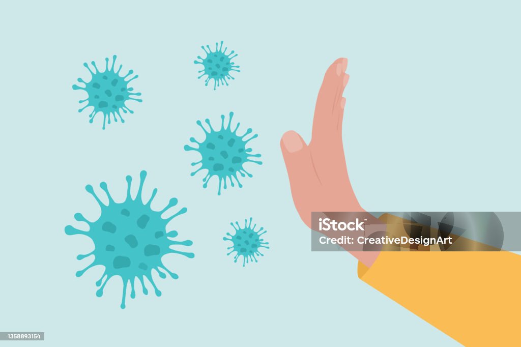 Stop Coronavirus. Side View Of Human Hand Gesturing Stop To Coronavirus Cells. - Royalty-free Virus vectorkunst Stop Coronavirus. Side View Of Human Hand Gesturing Stop To Coronavirus Cells. - Royalty-free Virus vectorkunst