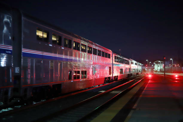 At Dusk, Amtrak Southwest Chief train departure from Los Angeles Union Station, heading towards to Chicago stock photo