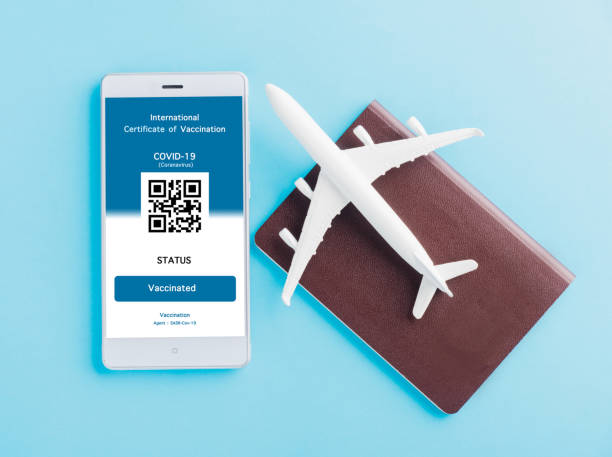 istock Model airplane, passport and immunity pass are arranged application on smartphone 1358894159