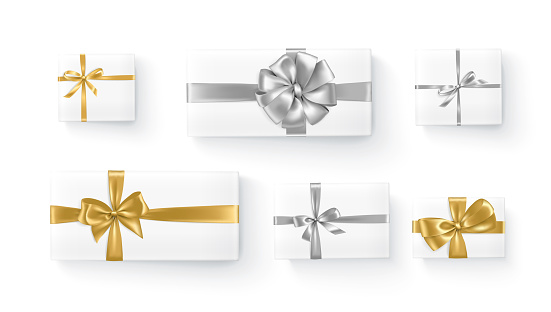 Realistic vector gift boxes with gold and silver ribbons isolated on white. Holiday presents, top view illustration. For Christmas and birthday cards, shopping sale banners, gift certificates.