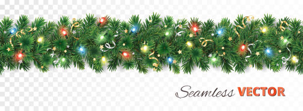 Christmas tree garland isolated on white. Realistic pine tree branches with Christmas lights decoration. Christmas tree garland isolated on white. Can be seamlessly repeated horizontally. Realistic pine tree branches with Christmas lights decoration. Vector border for holiday banners, posters, cards. garland stock illustrations