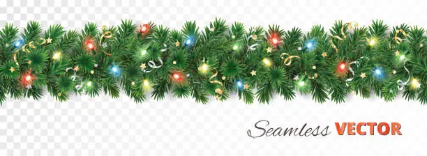 Vector illustration of Christmas tree garland isolated on white. Realistic pine tree branches with Christmas lights decoration.
