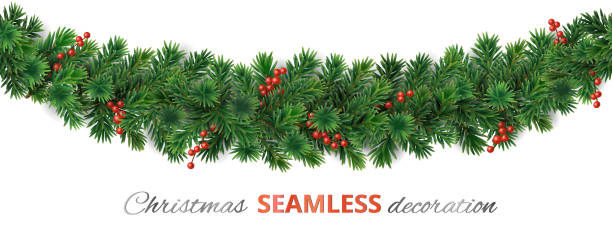 Seamless Christmas tree garland. Pine tree branches decoration Seamless Christmas tree decoration. Pine tree garland with red holly berry. Realistic vector branches. Border for holiday banners, posters, cards, promotions. pine garland stock illustrations