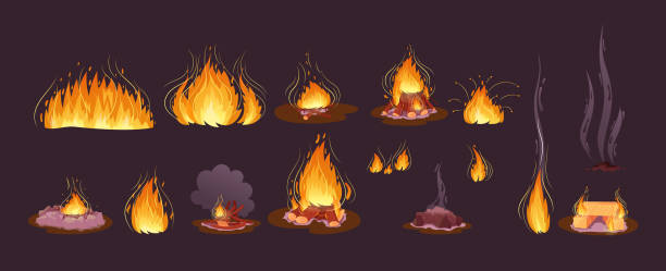 Firewood boards, bonfire of branches and logs, fire burning wooden logs, flaming, extinct bonfire vector art illustration