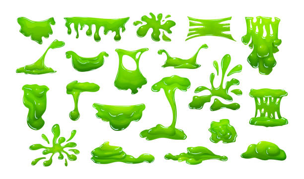 Realistic green slime in shape of dripping blob splashes smudges Realistic green slime in shape of dripping blob splashes smudges. Green goo toxic slimy liquid which is dripping, stretching. Radioactive spots and drops vector cartoon slimy stock illustrations
