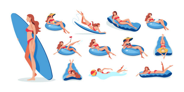 женщина в купальнике расслабьтесь, сделайте селфи, поработайте с ноутбуком, загорайте, почитайте книгу, насладитесь морским летним отпуско - swimming pool women floating on water bikini stock illustrations