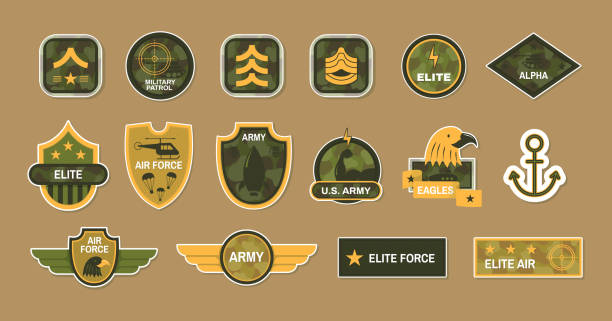 Army stickers set. Military eagle, elite, patrol, air force decorative special soldier logotype vector art illustration