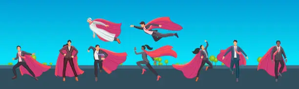 Vector illustration of Superhero diverse people set. Man and woman flying, running and standing wearing red cloak