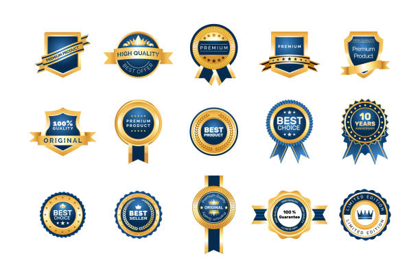 illustrazioni stock, clip art, cartoni animati e icone di tendenza di realistico set di emblemi dorati di migliore qualità del prodotto. garanzia di scelta premium per badge ed etichette - certificate frame award gold