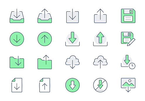 Download line icons. Vector illustration include icon - upload, cloud storage, folder, arrow, document, diskette, floppy disk outline pictogram for web button. Green Color, Editable Stroke.