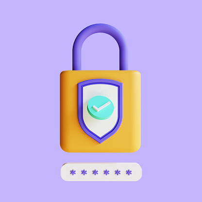 3d render lock and password concept, cyber security, data protection and secured internet access.  Isolated on purple background