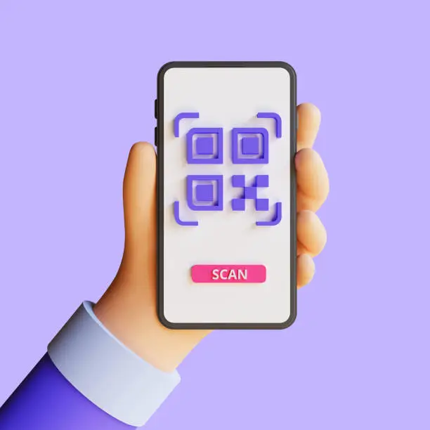 3d render QR Code scanning concept, people scan code using smartphone. Isolated on purple background