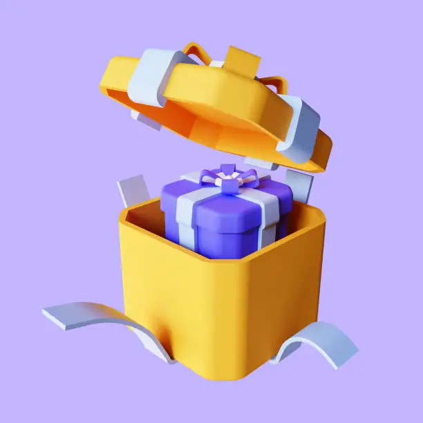 3d render of open gift box surprise, earn point concept, loyalty program and get rewards, isolated on purple background