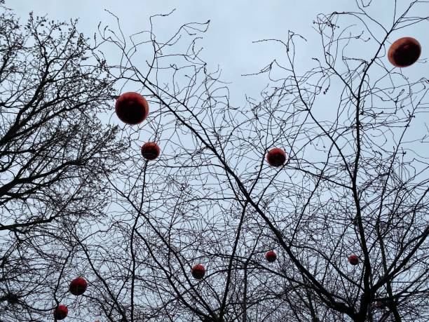 istock Red Christmas baubles in the tree 1358906804