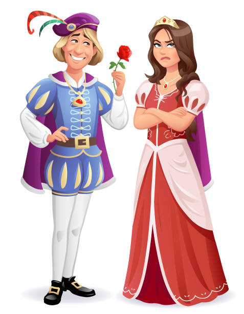 illustrazioni stock, clip art, cartoni animati e icone di tendenza di amore non corrisposto - il principe che dà rose alla principessa infastidita - prince charming