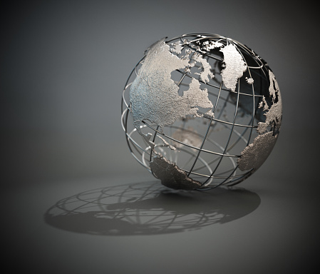 Wire frame globe on gray background.\nMap link (Derived from): http://www.lib.utexas.edu/maps/world_maps/txu-oclc-264266980-world_pol_2008-2.jpg